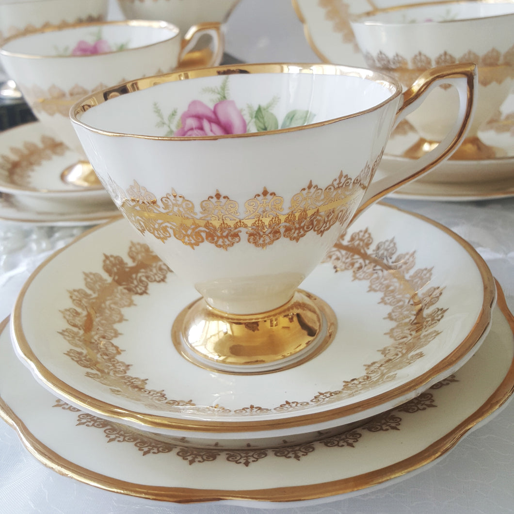 (Reserved) Stunning Cream and Gold Clare Teacup Trios